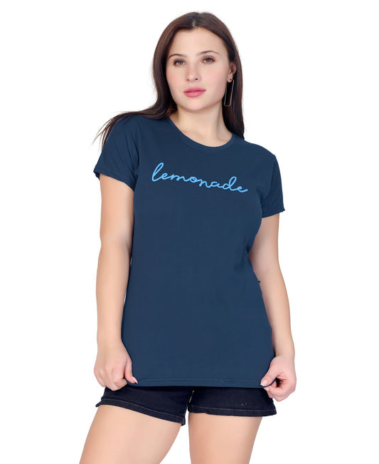 Lemonade Navy Blue Cotton Blend T-Shirt for Women