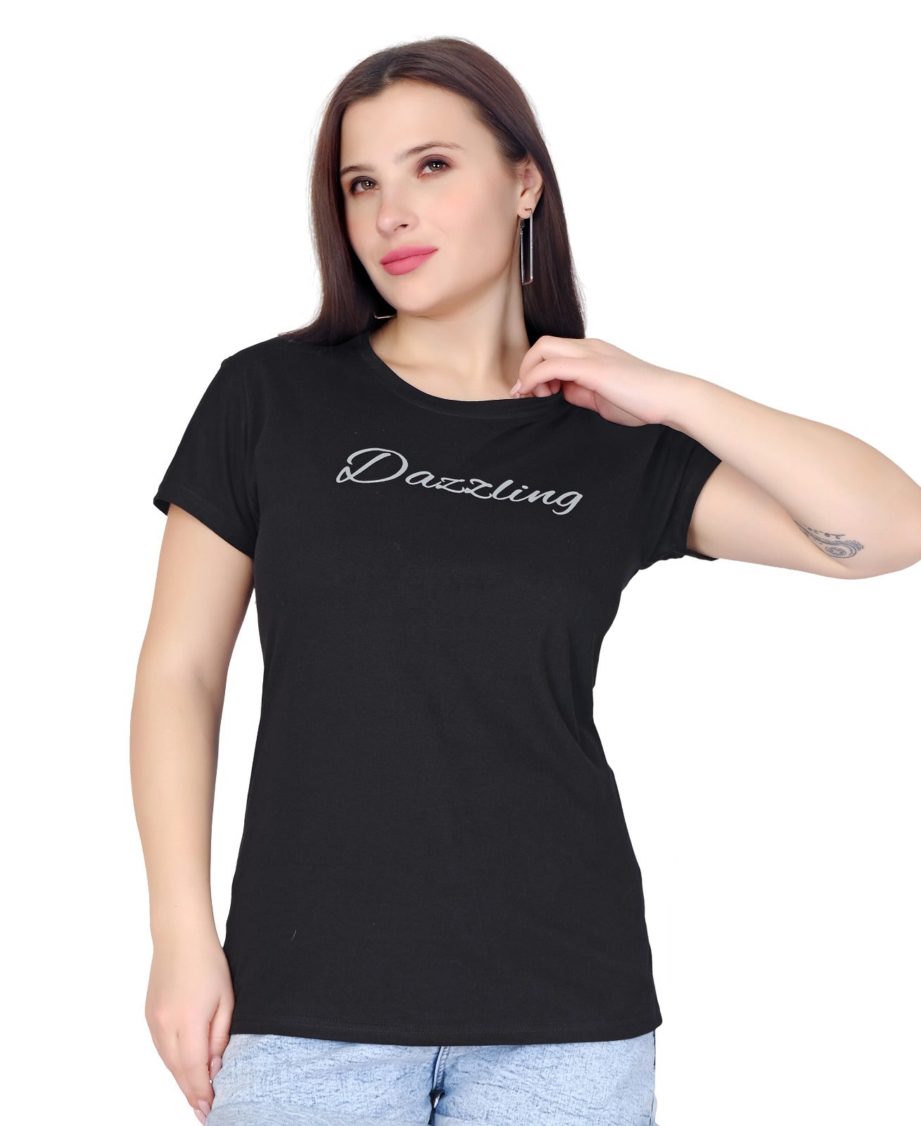 Dazzling Black Cotton Blend T-Shirt for Women